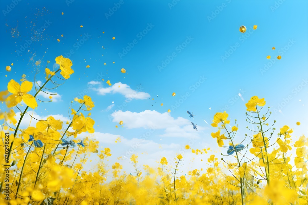 Yellow flowers under a clear blue sky full of warm spring energy