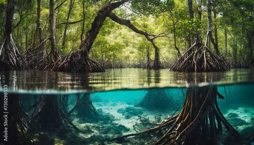 mangrove forest submerged underwater, showcasing nature's tranquility and biodiversity