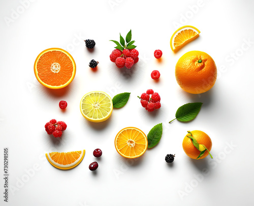 Assorted fruits set on white background. Fresh and juicy, sweet fantasy fruits