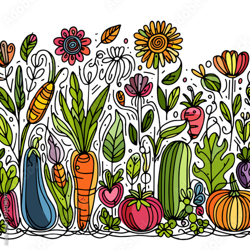 Flower and vegetable kaleidoscope: bright vector illustrations of various plants and vegetables. Carrots, eggplants, pumpkins and tomatoes attract attention with bright colors on a white background. T