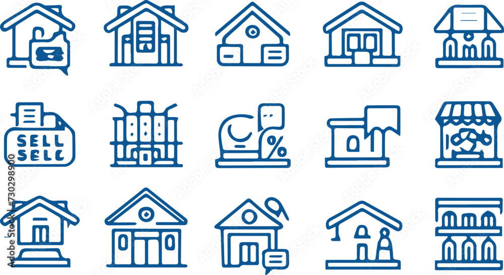 Real Estate Blue Icon set. House, Home, Buy, Sell, Rent, Smart Home, Renovation, Building, Mortgage, Skyscraper, Plot, Shop, Flat, Living Room, Bathroom. Two Tones Blue Vector Icons