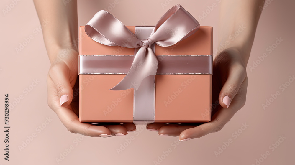 Woman hands holding the gift, presenting the box with bow Woman hands holding the gift, presenting the box with bow