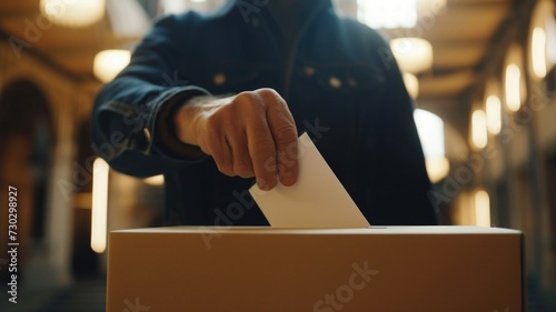 Unrecognizable person placing a vote into a ballot box, concept of democracy © Anna