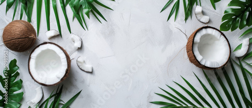 Fresh coconuts and tropical leaves on a light background, symbolizing natural health and beauty