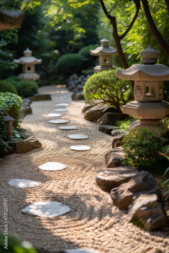 A peaceful Japanese garden with meticulously raked gravel and serene stone la...