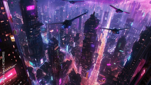 A futuristic cityscape with towering skyscrapers, neon lights illuminating the bustling streets below, flying vehicles zipping through the air