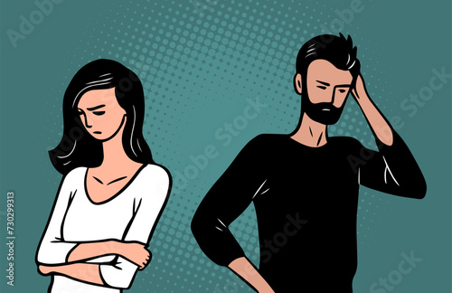 The young man and woman quarrel. Family couple. Hurt feelings and anger. Cartoon vector art illustration