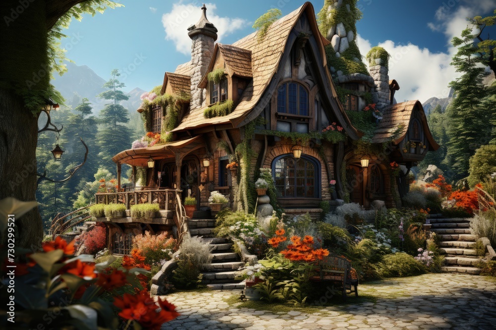A quaint cottage with a flower garden in the countryside