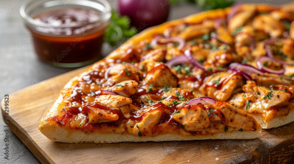 A slice of BBQ chicken pizza, adorned with tender chicken A slice of BBQ chicken pizza, adorned with tender chicken