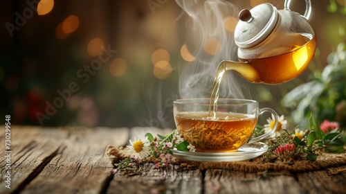 A rustic teapot pouring hot herbal tea into a glass cup, steam rising gracefully