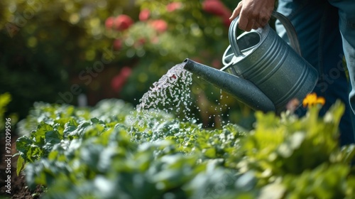 A skilled gardener gracefully watering a row of thriving vegetables in their ...