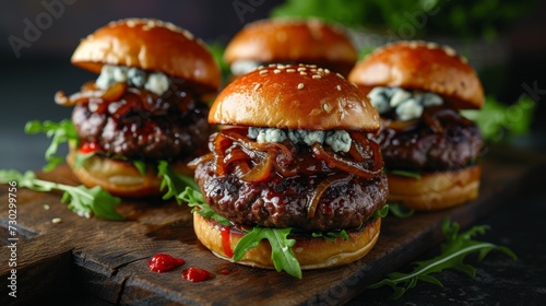 A gourmet slider trio featuring mini burgers with various toppings like blue ...