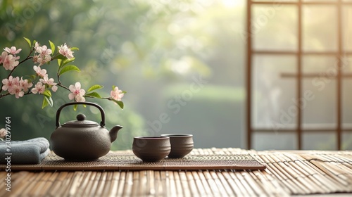 A serene tea ceremony, with a traditional Chinese teapot and cups on a wooden table photo