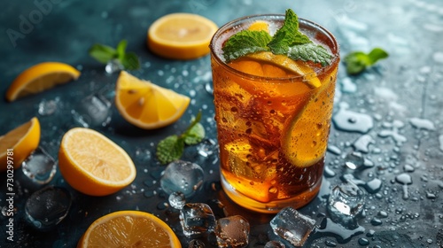 A refreshing iced tea garnished with lemon slices and mint leaves  condensation forming on the glass