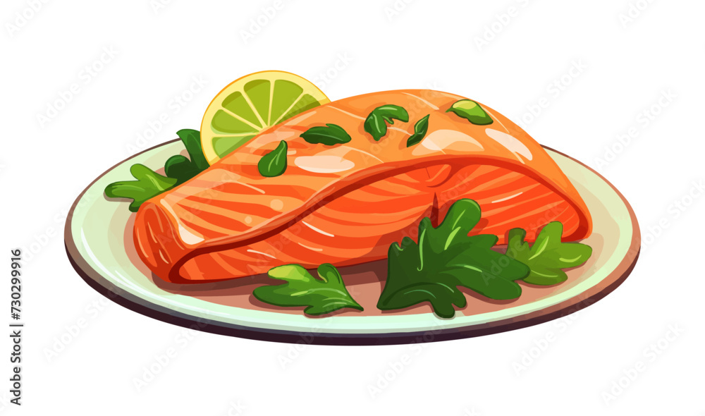 Grilled salmon steak on plate vector flat isolated illustration Grilled salmon steak on plate vector flat isolated illustration