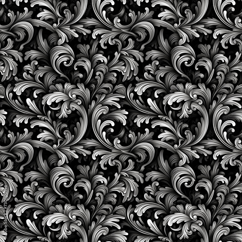 Black and white seamless pattern with classic foliage ornament. Seamless texture background Black and white seamless pattern with classic foliage ornament. Seamless texture background