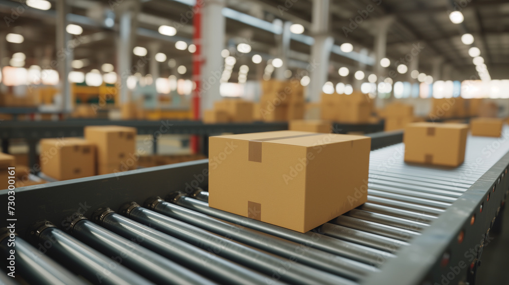 Cardboard box on conveyor belt in warehouse. Cardboard box on conveyor belt in warehouse.