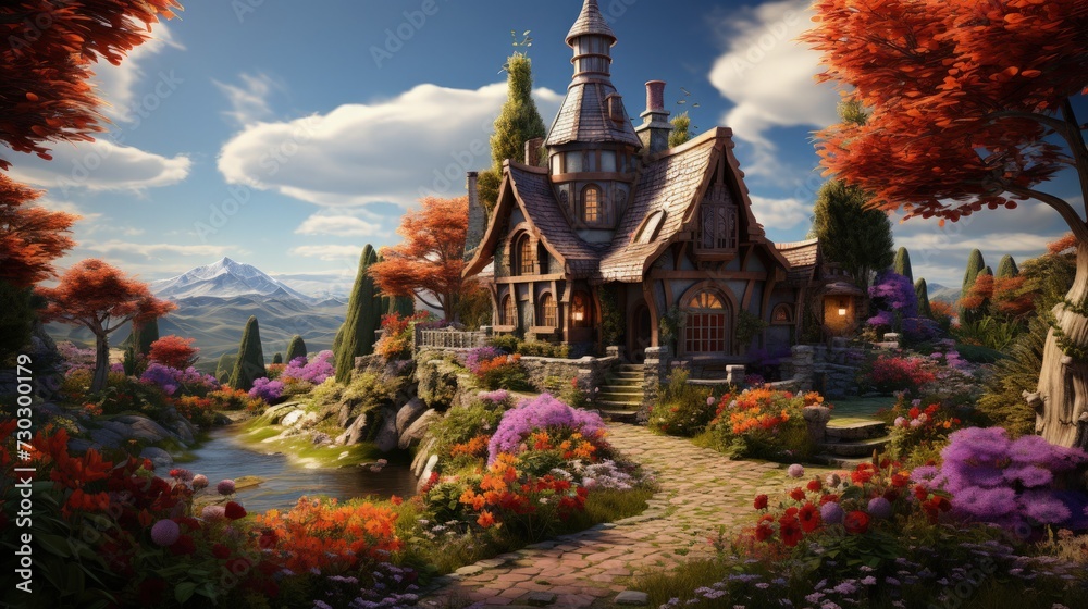 A quaint cottage with a flower garden in the countryside - obrazy, fototapety, plakaty 