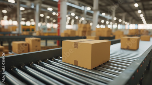 Cardboard box on conveyor belt in warehouse.