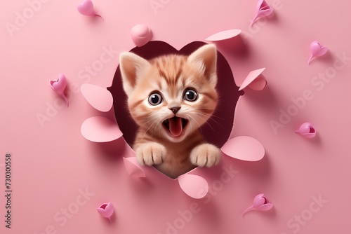 Cute kitten peeks through heart-shaped hole, adorable pet on light paper background