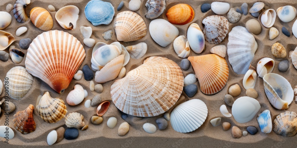 Sea shells and rocks on the beach background
