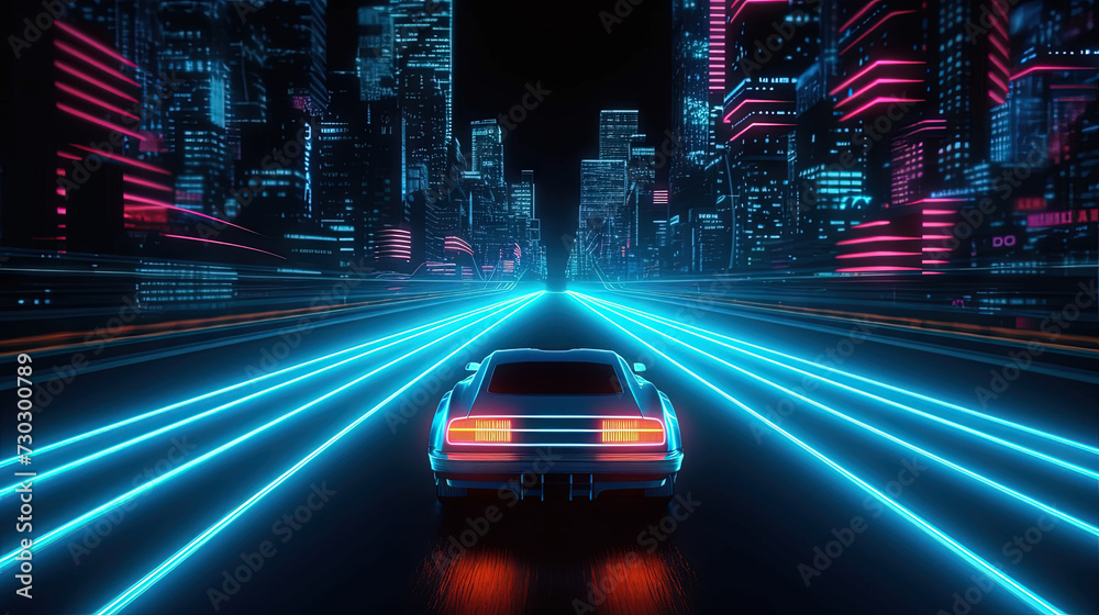 Car ride on the neon road in 80s retro synthwave style Car ride on the neon road in 80s retro synthwave style