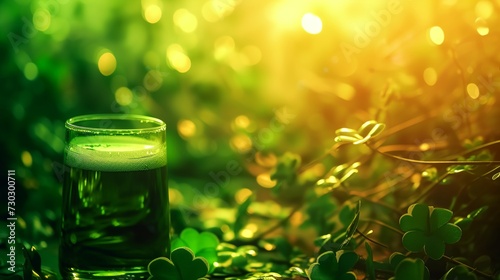 cup of green liquid surrounded by shamrock leaves on a green background