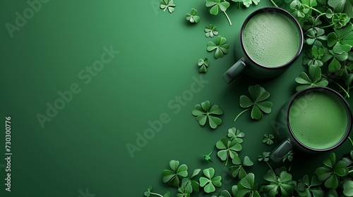 two cups of green liquid surrounded by shamrock leaves on a green background