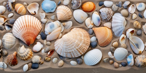 Sea shells and rocks on the beach background