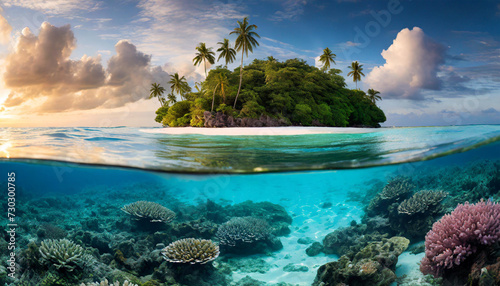 coral reef meets tranquil shores of tropical island under clear blue skies © Your Hand Please