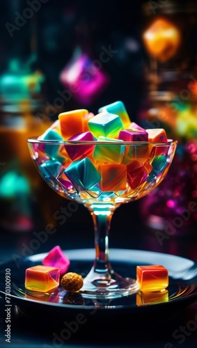 Colorful Transparent Gelatin Sweets in a Glass Vessel Against a Dark Blurred Background