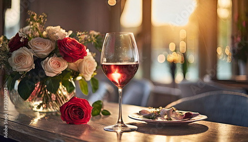 Romantic scene with wine  flowers  and candles  evoking love and intimacy for Valentine s Day celebration