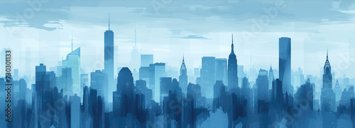 Blue large modern city silhouette