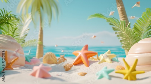 a beach scene with starfish
