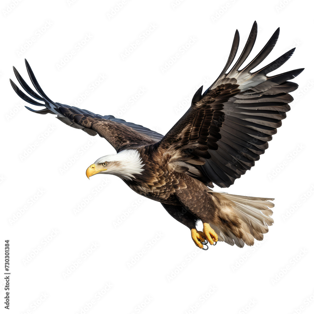 Naklejka premium American Eagle in Flight. Majestic Bird in Action. Isolated on a Transparent Background. Cutout PNG.