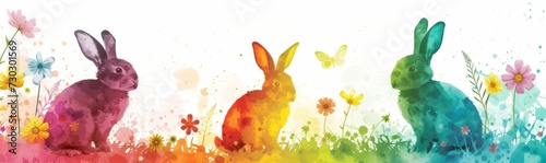 colorful Easter rabbits with flowers Generative AI