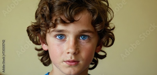 a young boy with curly hair and blue eyes is looking at the camera with a serious look on his face.