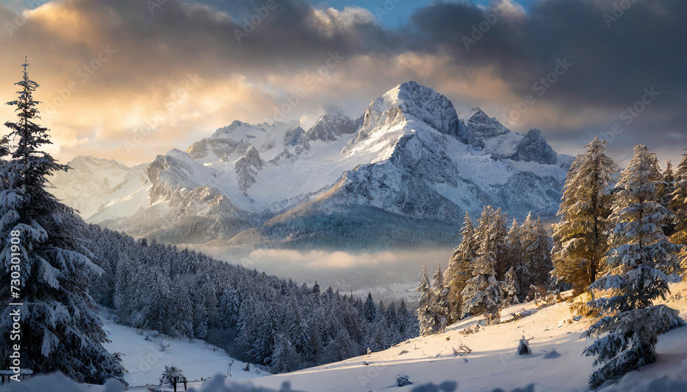 winter scene snowcapped mountains under clear sky serene beauty