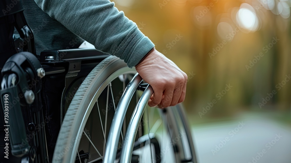 Fototapeta premium Close-up of a hand gripping a wheelchair wheel, symbolizing resilience and determination