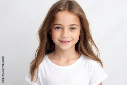 Portrait of a beautiful little girl with long hair on white background
