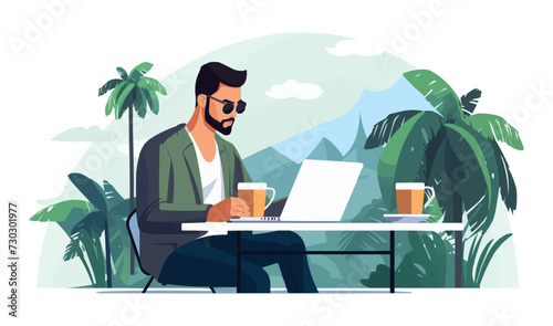 person with laptop drinking coffee vector flat isolated illustration
