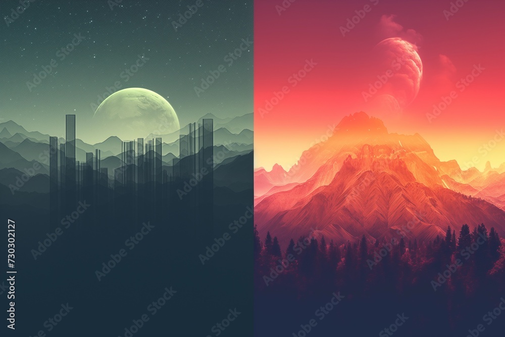 Fantasy landscape with mountains, city and moon. Ai generated.