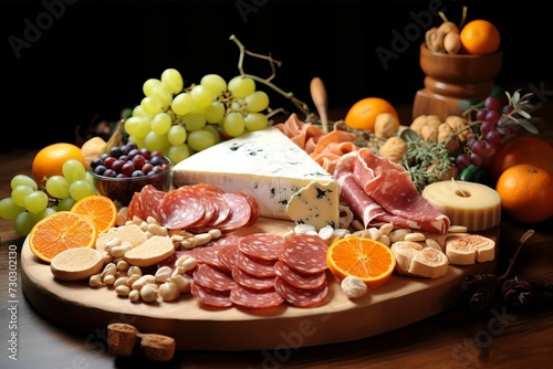 Nutritious Meat cheese fruits tray. Dinner cuisine. Generate Ai
