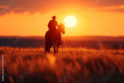 silhouette of a man riding a horse in at sunset photo