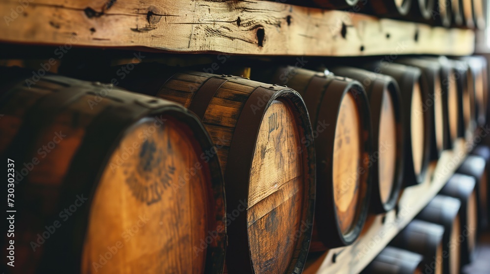 Wooden barrels with beer in a brewery
