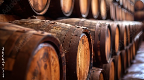 Wooden barrels with beer in a brewery photo