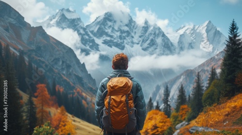 A solo traveler gazing at a majestic mountain range from a peaceful hilltop