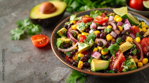 A southwestern-inspired avocado and black bean salad with corn, red onion, and lime-cilantro dressing