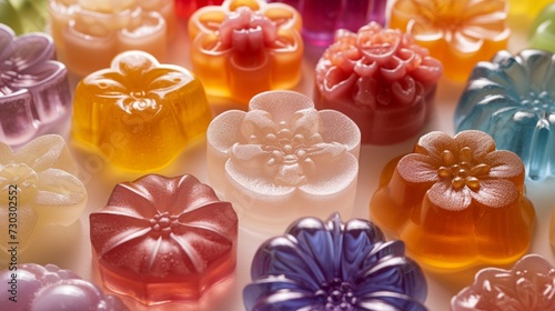 An artistic display of flower-shaped jelly molds, showcasing intricate details and vibrant colors