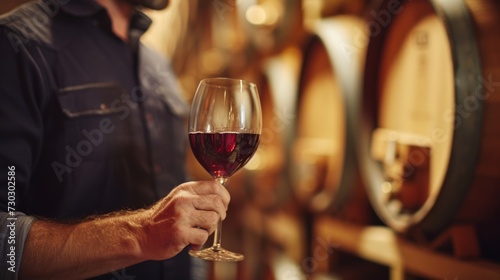A winemaker inspecting a glass of red wine, highlighting the artistry of wine...